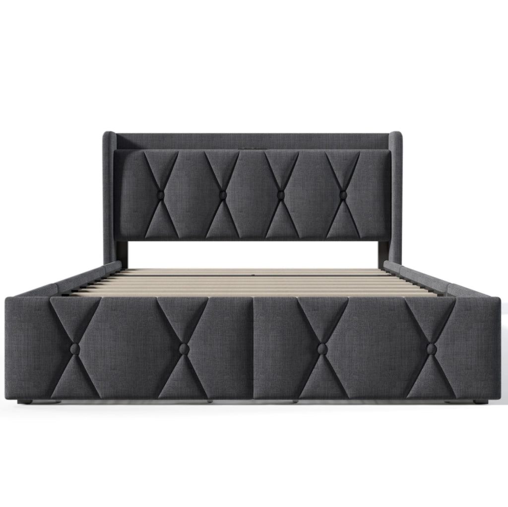 Letto matrimoniale 140x200 cm grigio in lino con USB, 4 cassetti e vano contenitore
