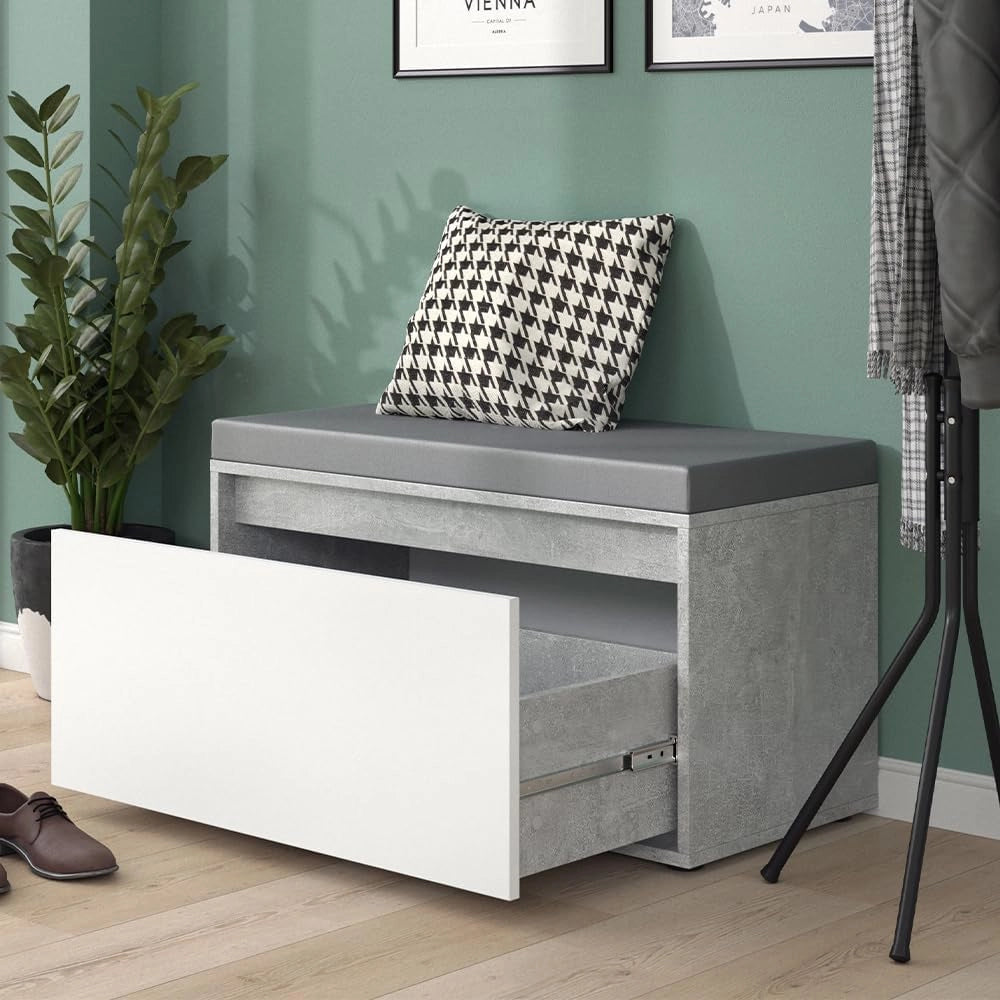 Vicco Panca scarpiera da ingresso Iker, Calcestruzzo, 80 x 45 cm, combinabile con altri mobili della serie Iker