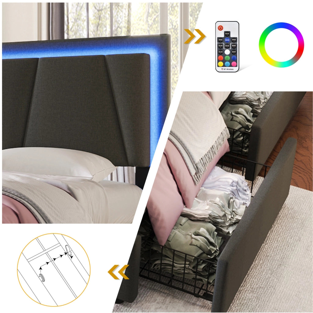 Letto matrimoniale 140x200 cm LED con 4 cassetti grigio