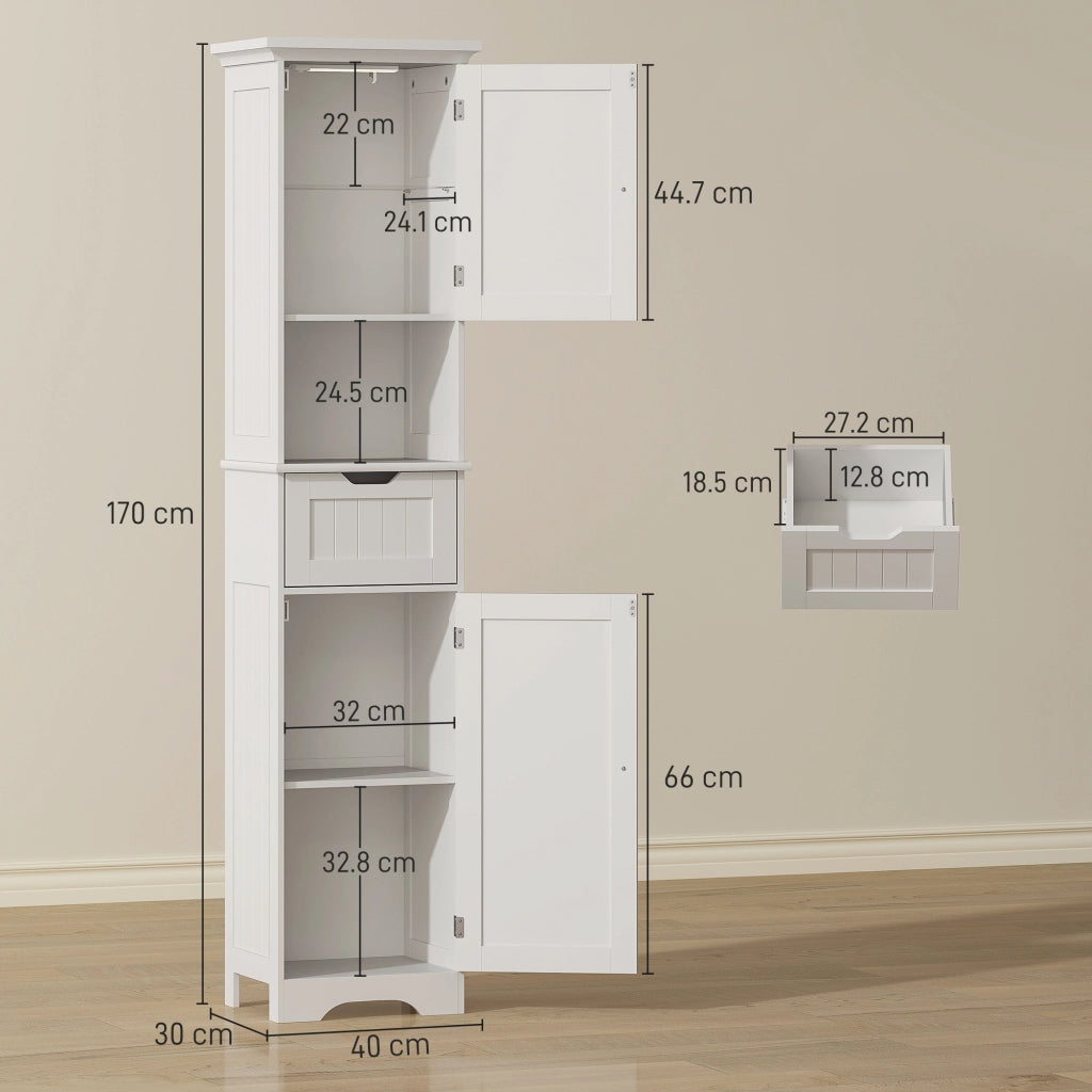 Mobile Colonna Bagno 40x30x170 cm con 2 Armadietti con Sensore Ripiano Aperto e Cassetto in Legno Bianco