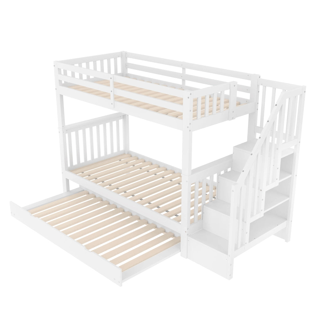 Letto a castello 90×200 cm con letto estraibile; scaffali nella scala e sponde alte; senza materasso; bianco