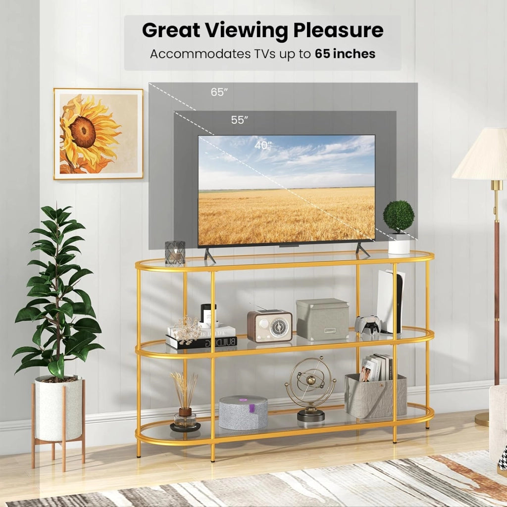 Mobile TV Soggiorno a 3 Ripiani, Mobiletto TV Multifunzione in Metallo per TV fino a 65”, Tavolo Consolle con Mensole in Vetro Temperato e Piedi Regolabili per Camera da Letto, Giallo Senape