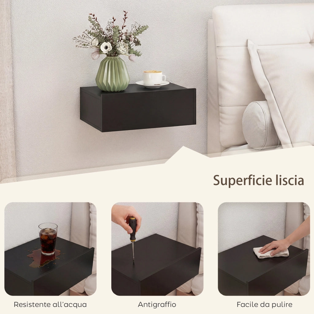 Comodini Sospesi Moderni con Cassetto ¨C zephmum ¨C Legno, Nero, 40x30x15cm