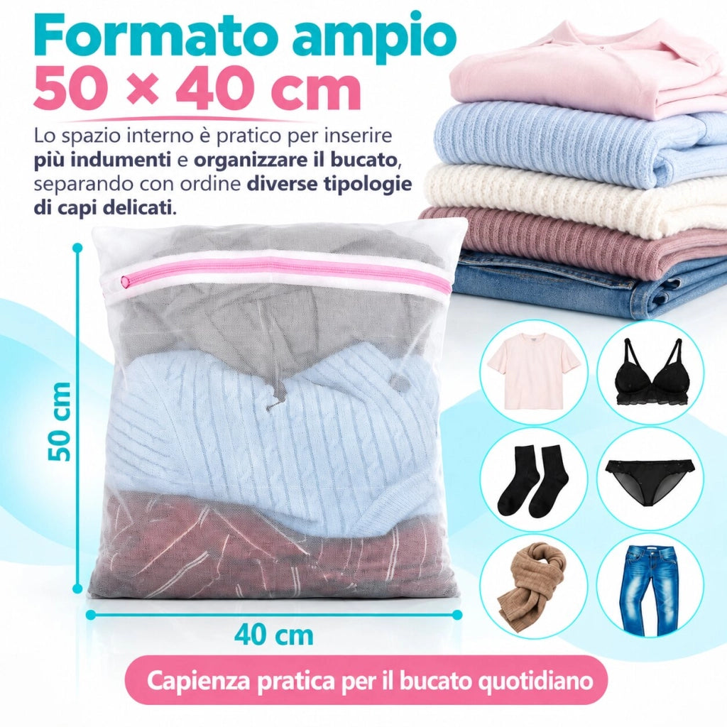 2 Sacchetti Lavatrice 50x40 cm con Cerniera Proteggi Bucato 59474