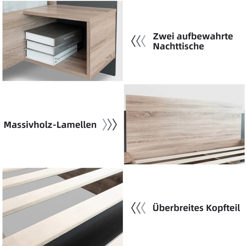Letto matrimoniale 160x200 cm con comodini, rovere Sonoma