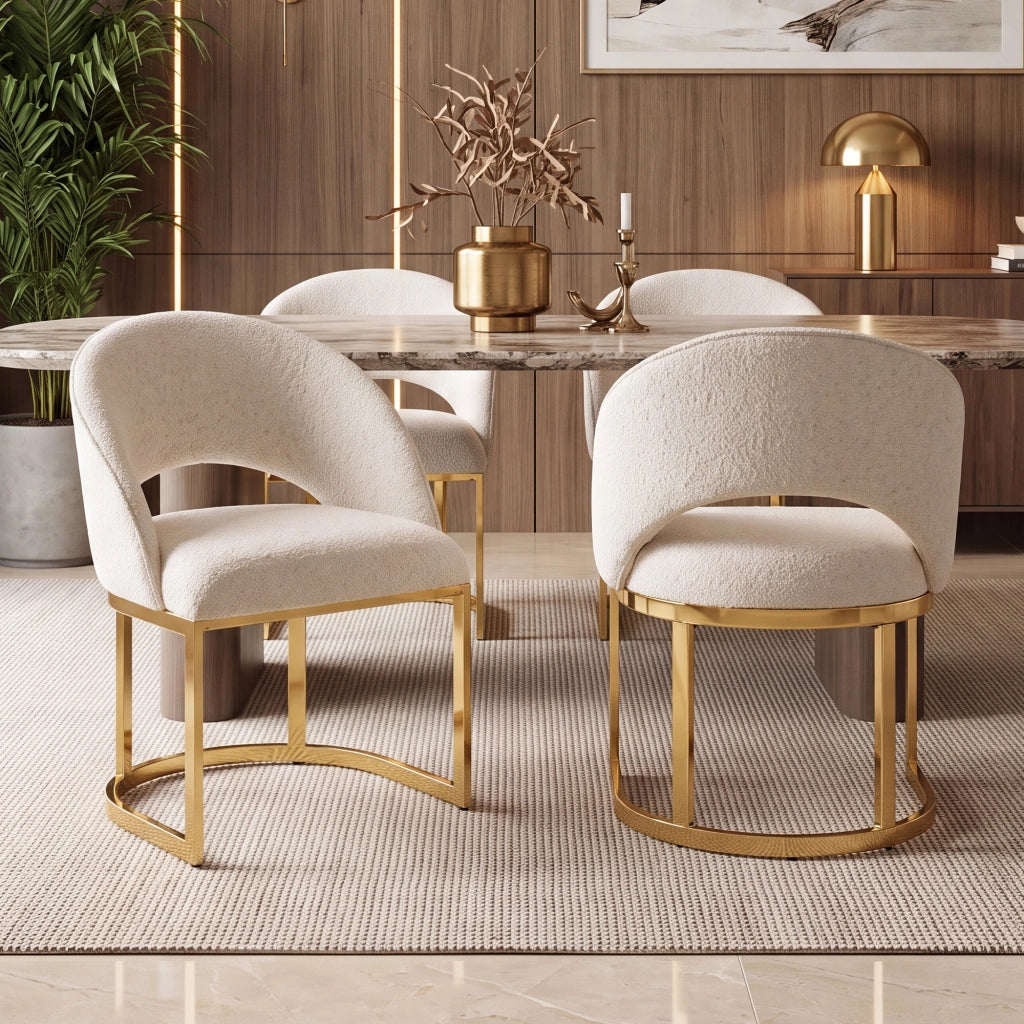 Set di 2 sedie da pranzo in bouclé beige e oro con gambe metalliche galvanizzate