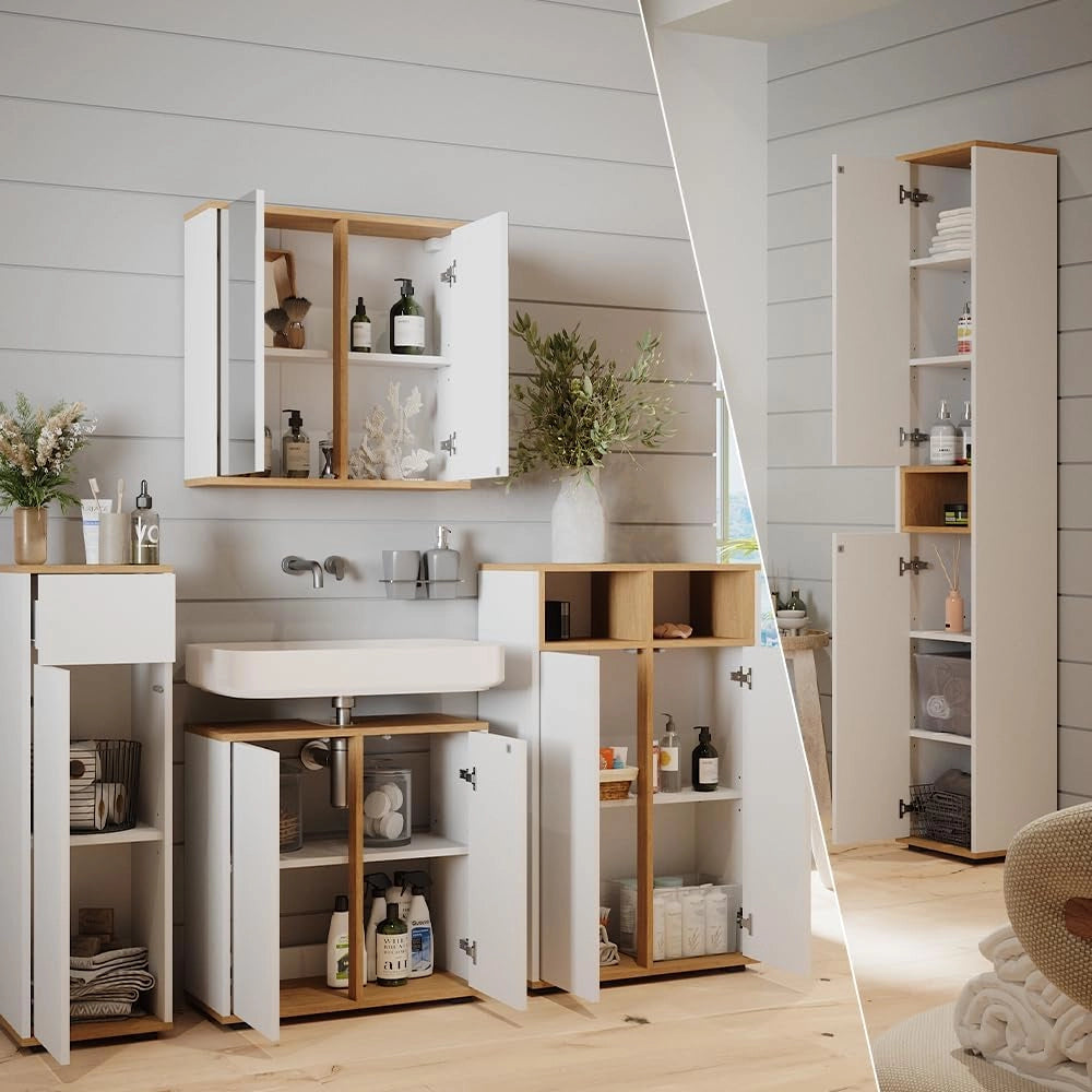Set mobili bagno Didi, Bianco/Artisan, 60 cm, composto da set con armadietto a specchio, base lavabo, 2 pensili medi e colonna