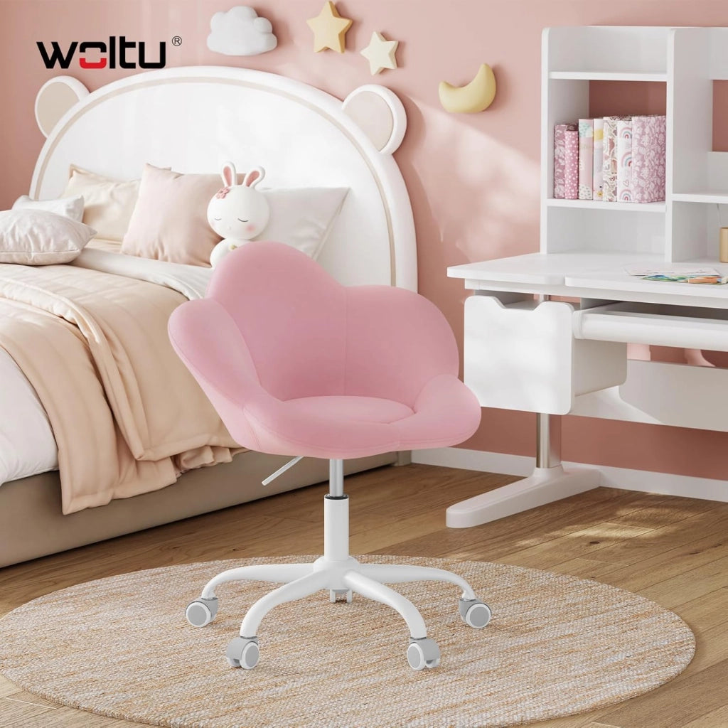 Sedia da Scrivania per Bambini, Sedia Ufficio Ergonomica Girevole e Regolabile in Altezza con Rotelle, Seduta a Forma di Fiore per Studio, Camera da Letto, Velluto, Rosa Pastello
