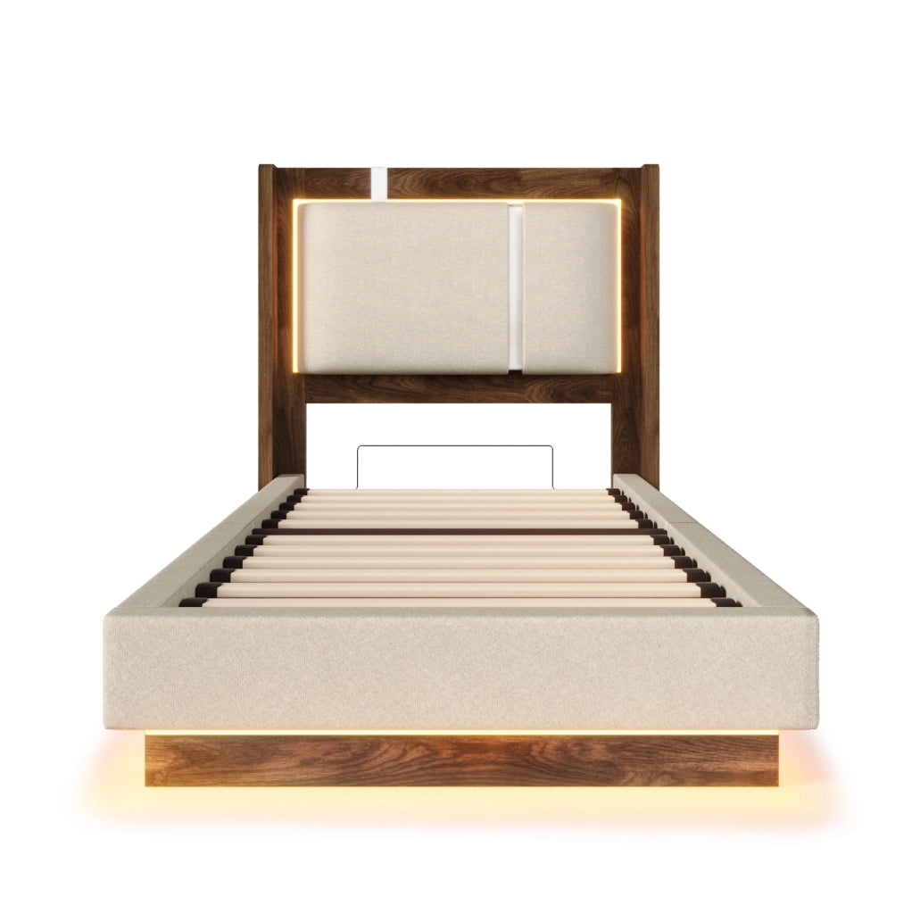 Letto imbottito 90x200 cm con rete a doghe, LED e contenitore, lino beige e noce, senza materasso