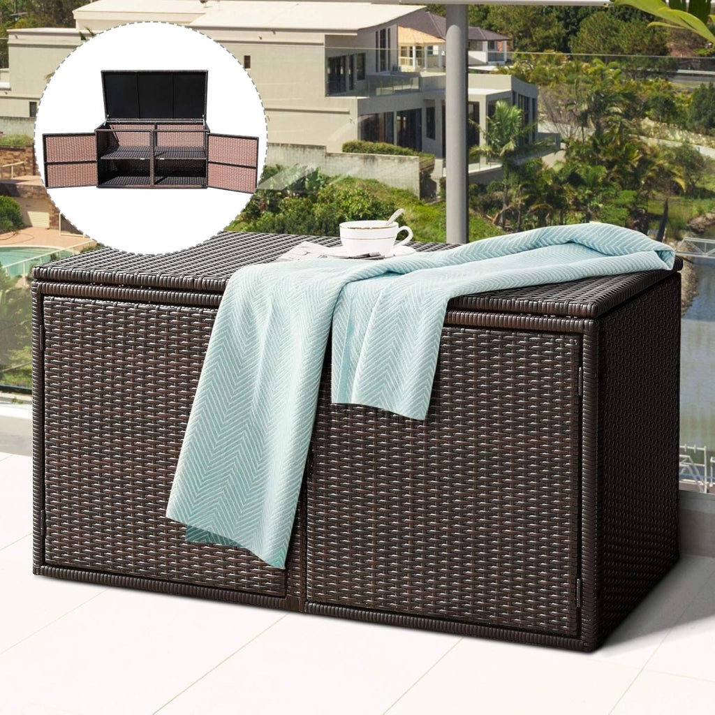 Cassapanca Per Esterni in Metallo e PE Rattan, Ideale Per Tenere in Ordine, 310 L,115 x 60 x 65/120 cm, 2 Colori (Marrone)