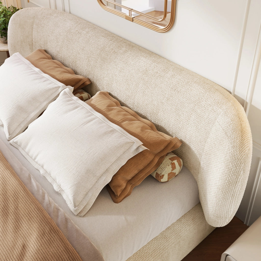 Letto imbottito 180x200 cm con testiera e rete a doghe in ciniglia beige