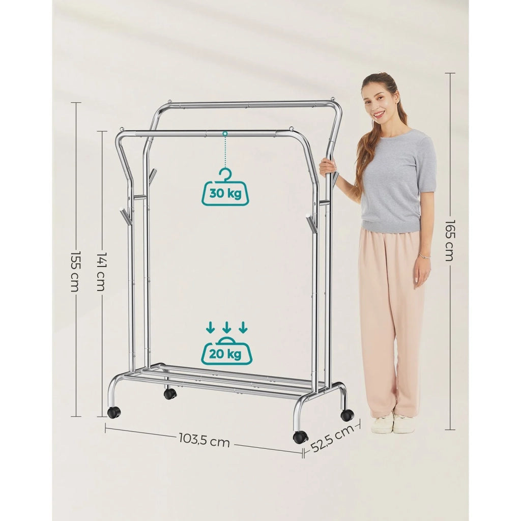 Appendiabiti con ruote appendiabiti a doppia barra in acciaio portata 100 kg larghezza 103,5 cm contenitore versatile acciaio grigio 12_0006968