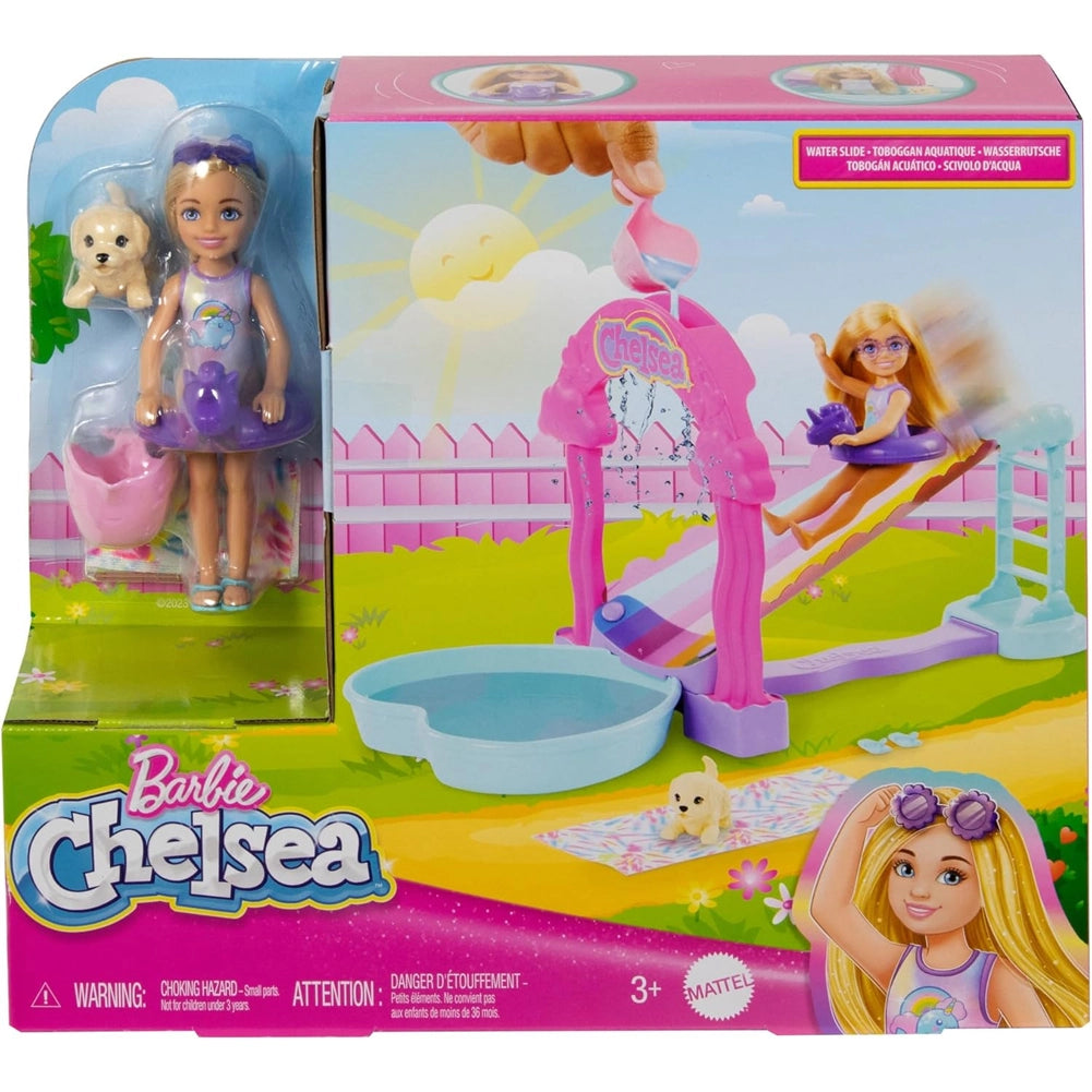 Barbie Chelsea con Scivolo d'Acqua Arcobaleno Playset con Bambola e Cucciolo