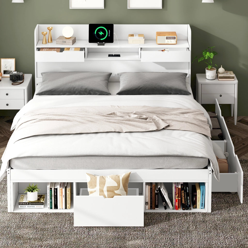 Letto matrimoniale bianco in pino con USB e cassetti 140x200 cm