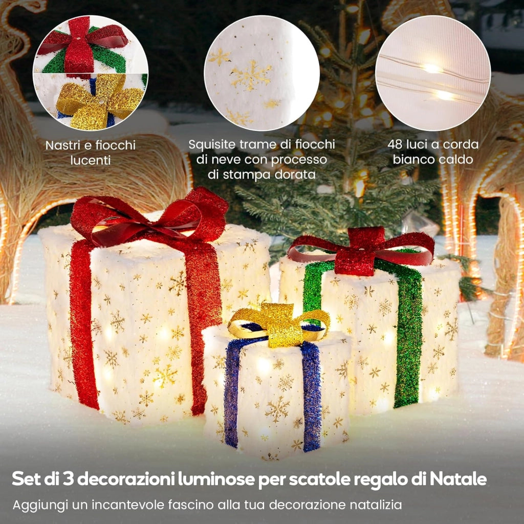 Set di 3 Scatole Regalo Illuminate per Natale, Decorazione Natalizia Pre-illuminata con 48 Luci Calde e Luminose, per Casa e Giardino (Bianco)