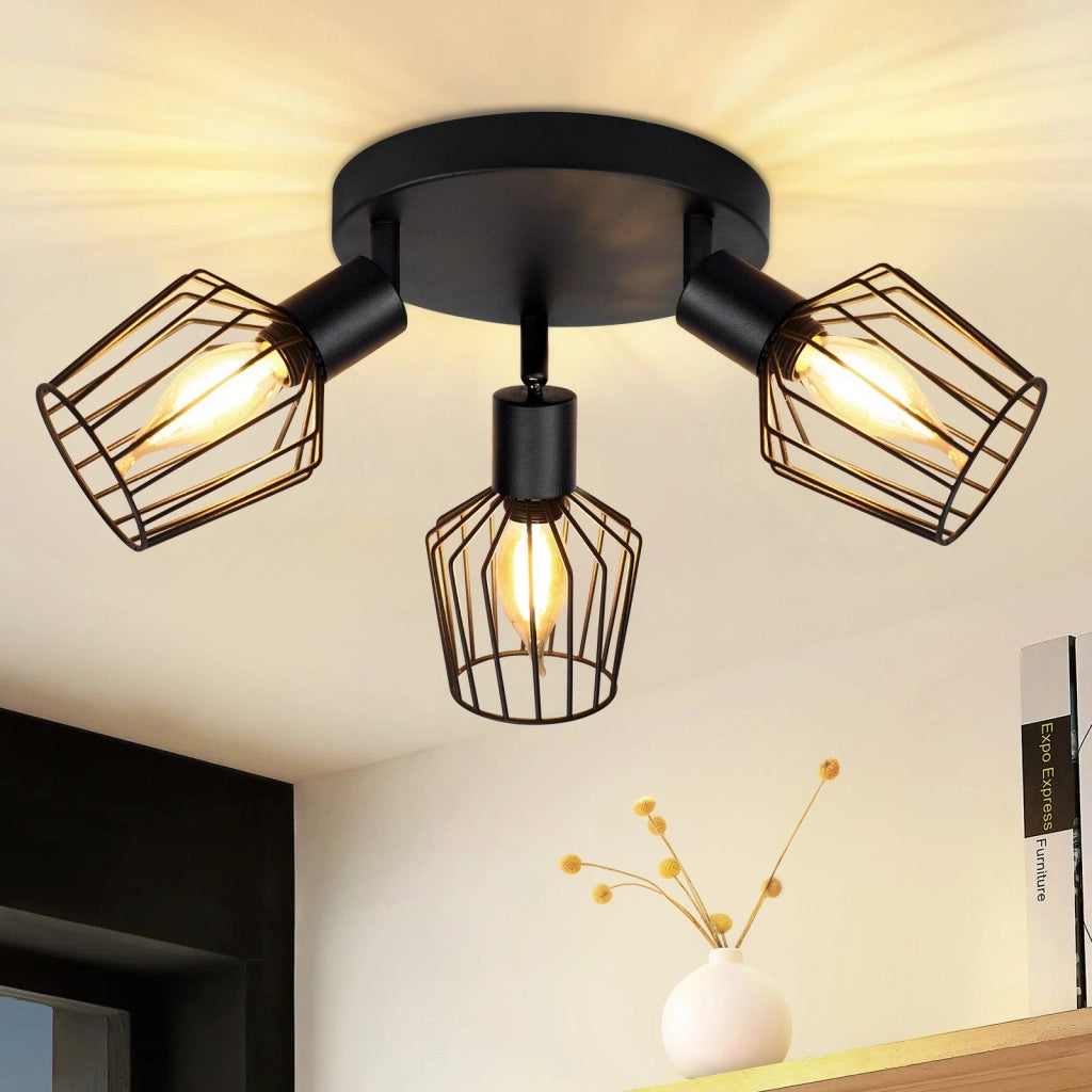 ZMH Lampada da soffitto 3 faretti E14 metallo nero rotonda orientabili 350° stile industriale per corridoio soggiorno