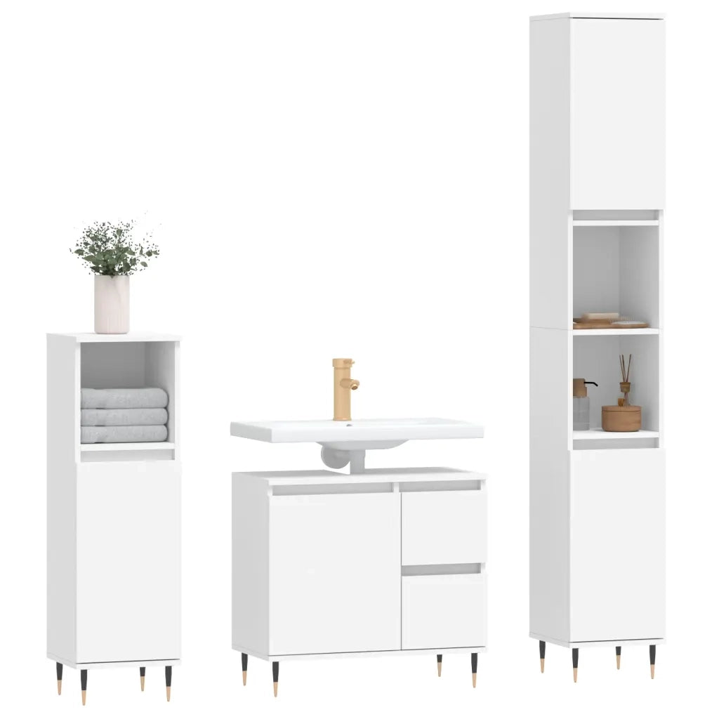 Set Mobili da Bagno | Armadio da bagno 3 pz Bianco in Legno Multistrato