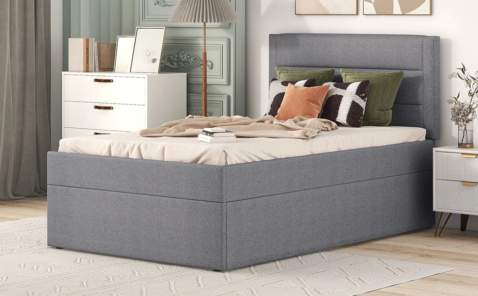 DESMIU Letto singolo 90 × 200 cm con contenitore sotto il letto, senza materasso, in lino e MDF, grigio