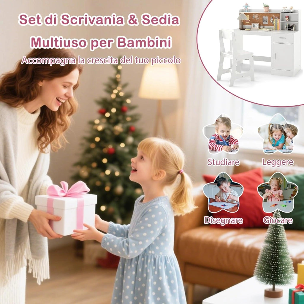 Set Scrivania e Sedia per Bambini 3+ Anni, Tavolo da Scrittura in Legno con Mensole, Cassetto e Bacheca in Sughero, Tavolo e Sedia per Disegno e Studio (Bianco)