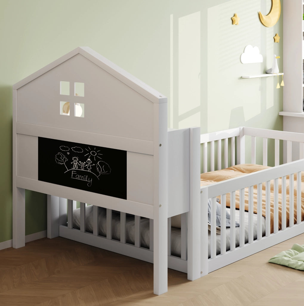 Letto per bambini a forma di casa con contenitori, sponde di sicurezza e rete a doghe