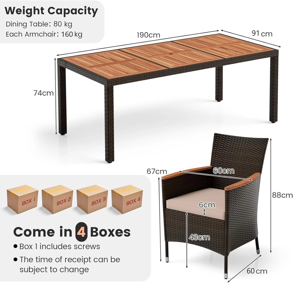 Tavolo e Sedie da Pranzo in PE Rattan, Set di Mobili in Rattan, Set di Mobili Composto da 9 Pezzi, con 8 Sedie e 1 Tavolo, Piano del Tavolo in Acacia, per Interno e Esterno