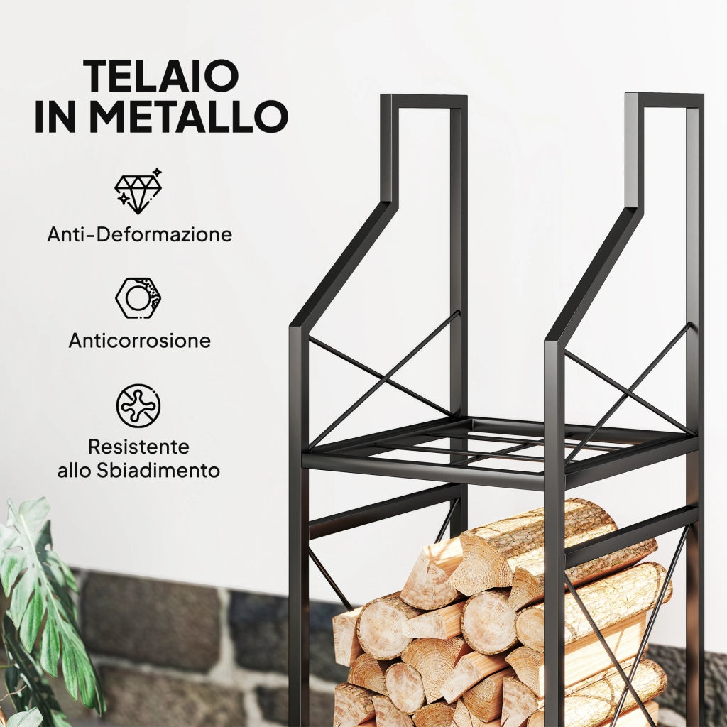 Portalegna a 2 Livelli 34x30x80cm per Interno Esterno in Metallo Nero