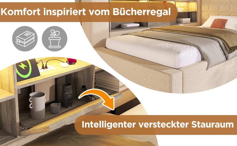 Letto imbottito 140x200 cm beige con LED, USB e materasso H3