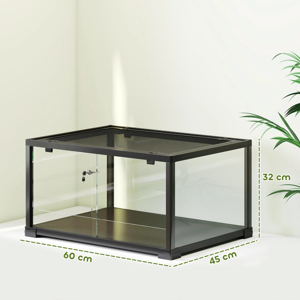 Rettilario Rialzato 60x45x32 cm con Doppia Serratura e Pareti in Vetro Nero