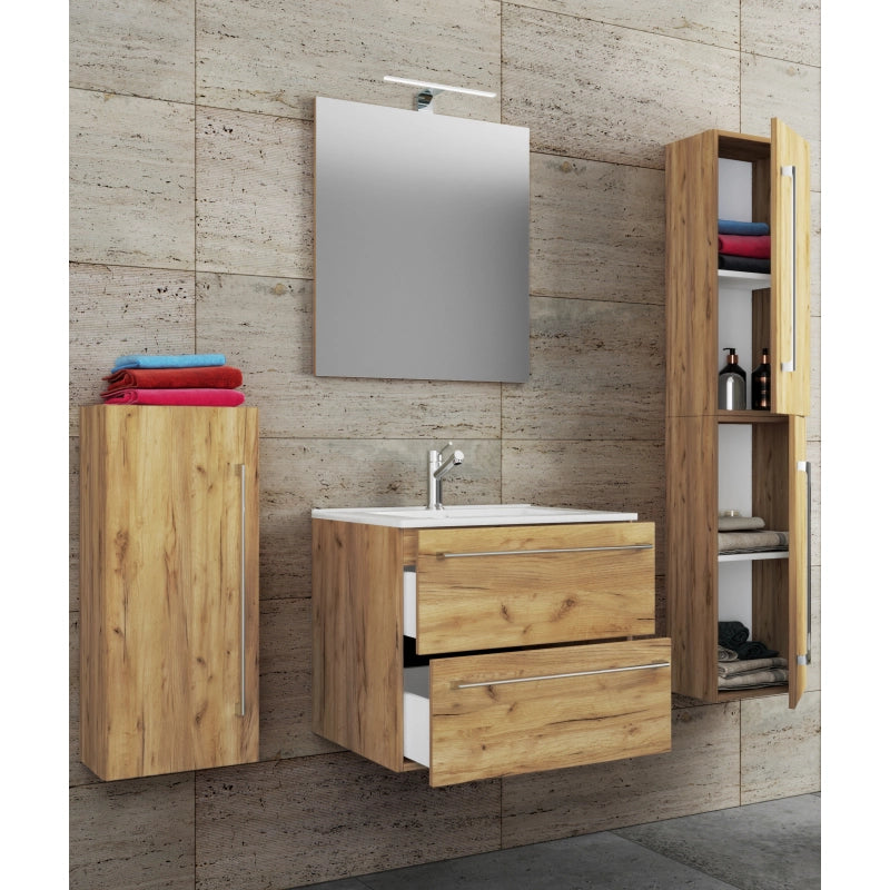 Completo Set bagno 5 pz Mobile sosp 2 casetti con Lavabo large in ceramica incl 1 Colonna 1 mobile sosp e specchio, Rovere