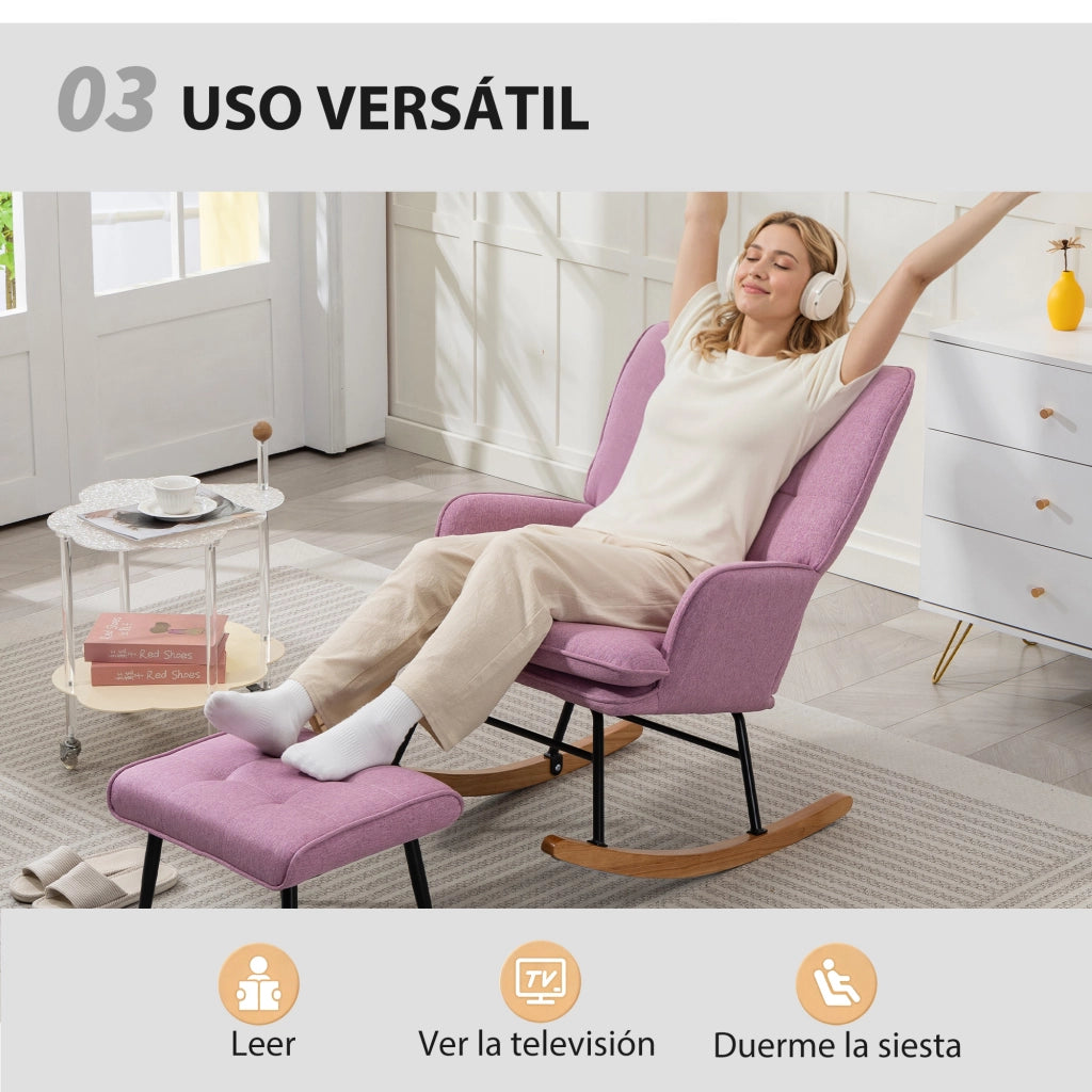 Poltrona a Dondolo con Poggiapiedi e Braccioli Imbottiti ¨C Minimal ¨C Legno, Rosa