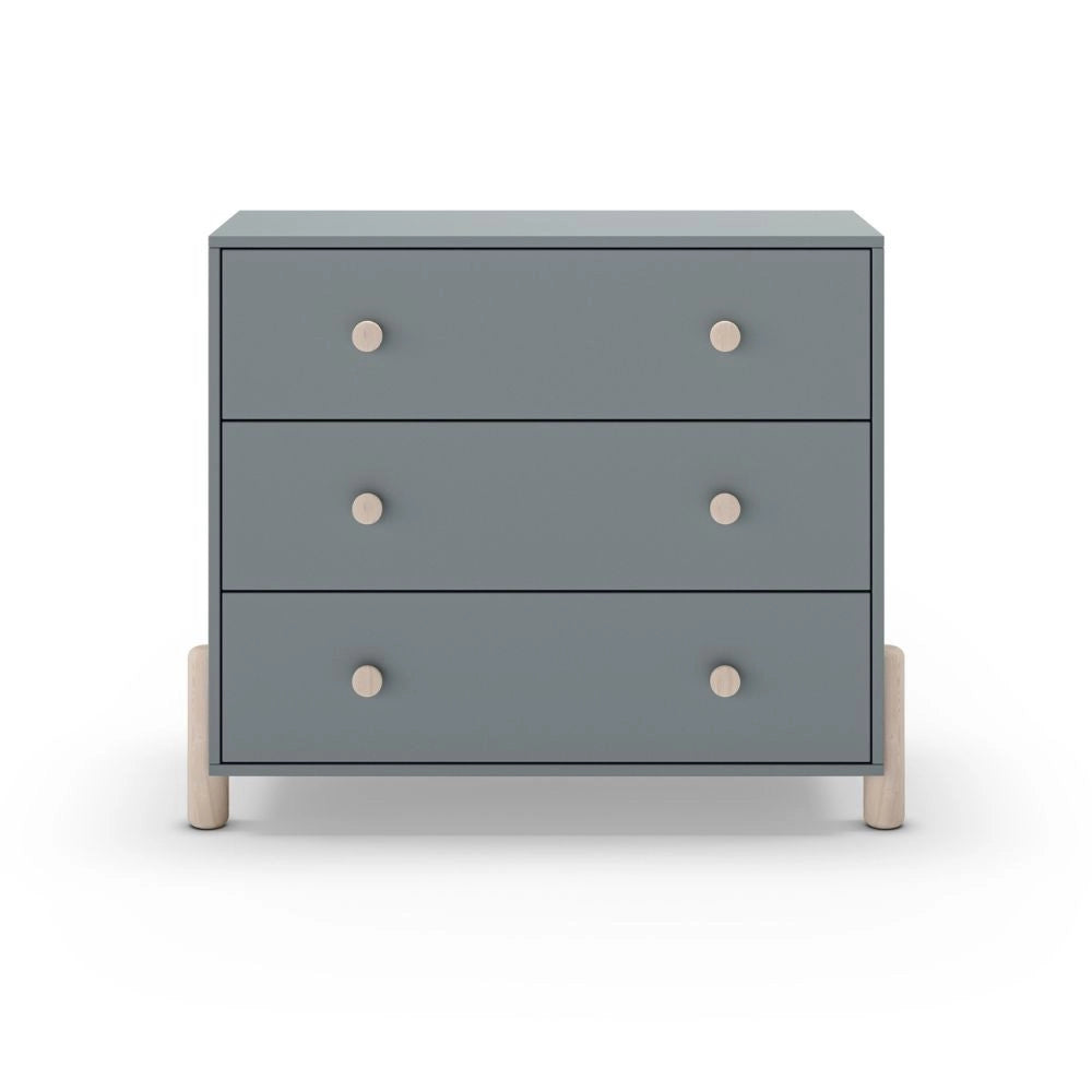 Cassettiera Enola in legno massiccio con 3 cassetti verde cachi e gambe in pino naturale 90x40x80H