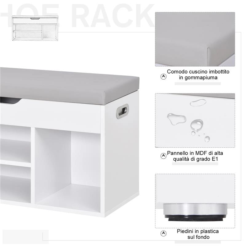 SCARPIERA SALVASPAZIO CON PANCA CONTENITORE IMBOTTITA E VANI APERTI BIANCO
