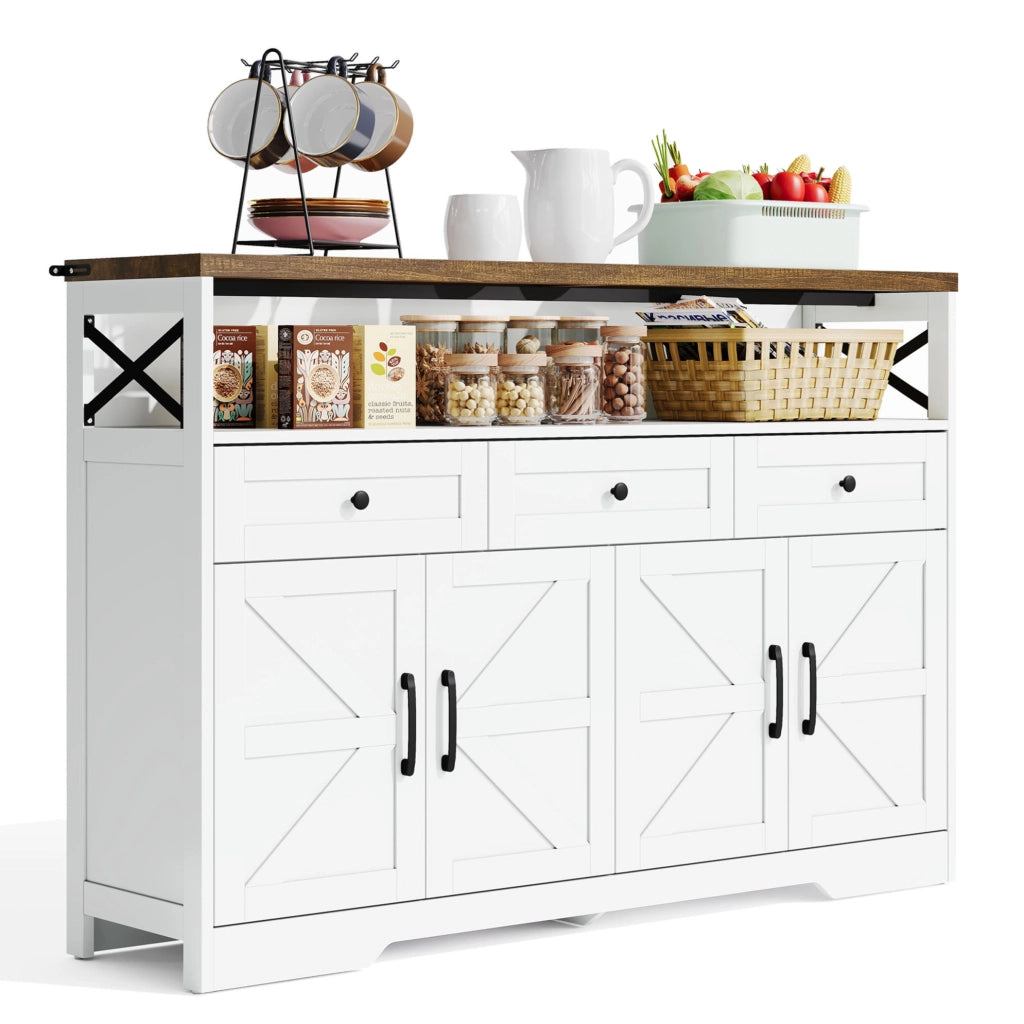 Credenza 140 cm bianca e marrone – 3 cassetti, contenitore, stile rustico