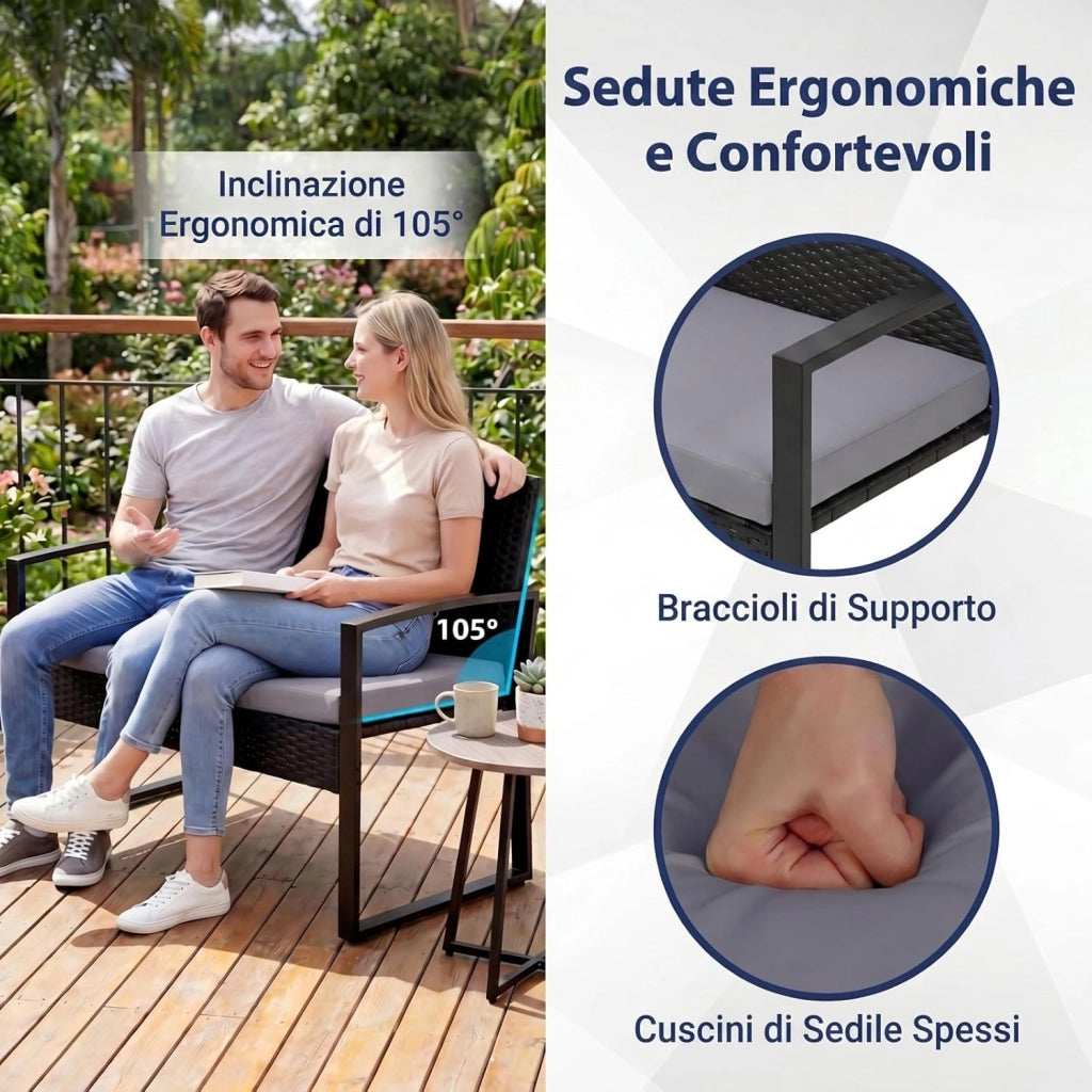 Set di Salotto da Esterno in Rattan PE, Mobili da Giardino con Divano 2 Posti, 2 Poltrone, Tavolino in Vetro Temperato e Cuscini Morbidi, Set Salottino per Terrazza, Balcone, Piscina (Grigio)