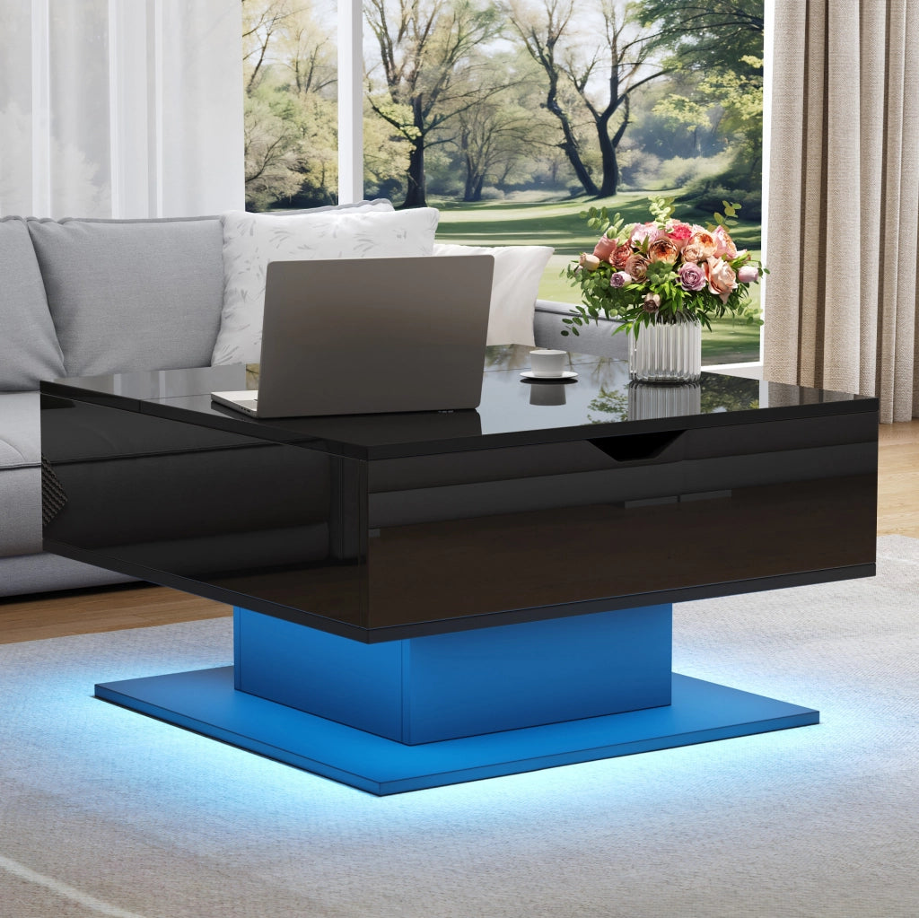 Tavolino da salotto alzabile 80x75x40 cm con LED e vano contenitore; truciolare nero lucido