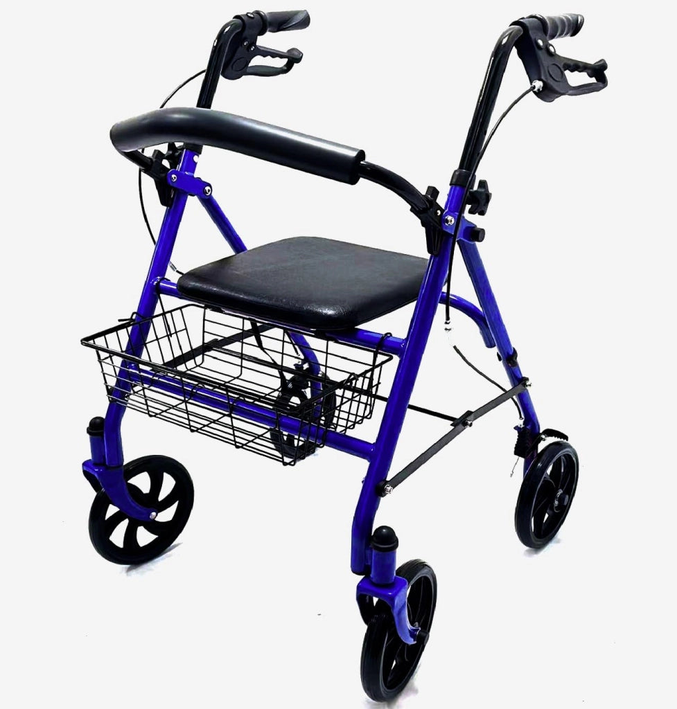Fenixshop24 Deambulatore Rollator Pieghevole in Acciaio, 4 Ruote, Sedile e Cestino – Blu