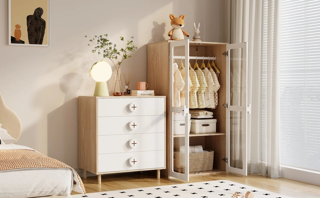 Comò con 4 cassetti e design a contrasto, per camera da letto e soggiorno, in MDF, bianco naturale, 80 × 54 × 90 cm