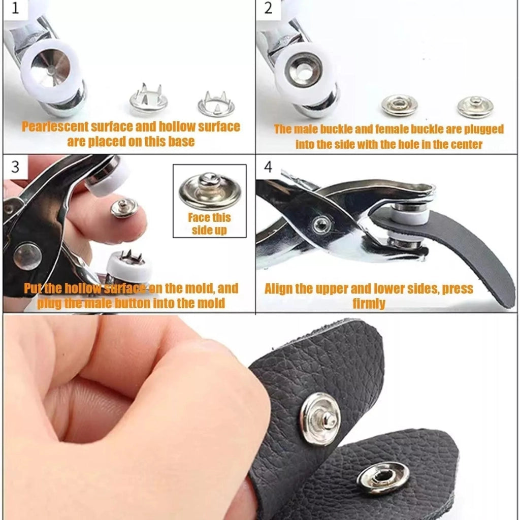 Set 3 Pinze Fustellatrice Cuoio Occhiellatrice Perforatrice con 100 Occhielli e Bottoni