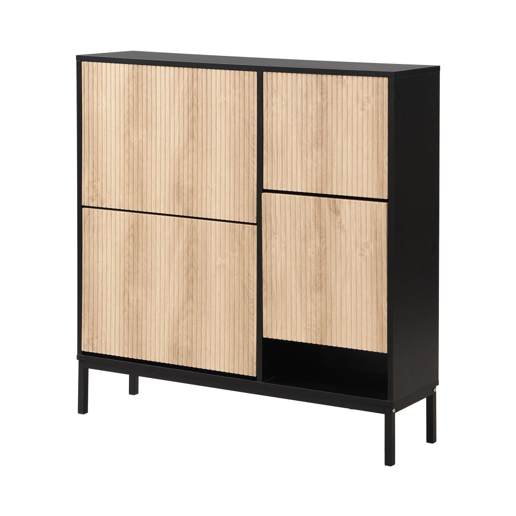 Scarpiera con panca estraibile e ripiani doppi in MDF, vano aperto, per ingresso, nero e naturale 100 × 100 × 25 cm
