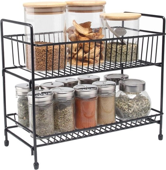 Organizzatore di Spezie a Due Livelli Multifunzionale - Cassetto di Stoccaggio in Acciaio - Nero - 30 cm