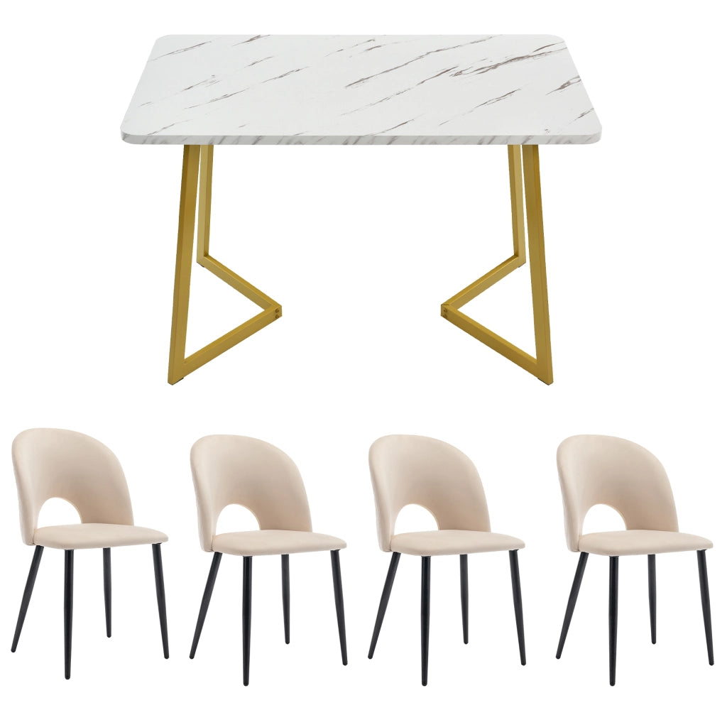 Tavolo da pranzo per 4 persone set con 4 sedie in velluto e metallo schienale con motivo diamantato beige