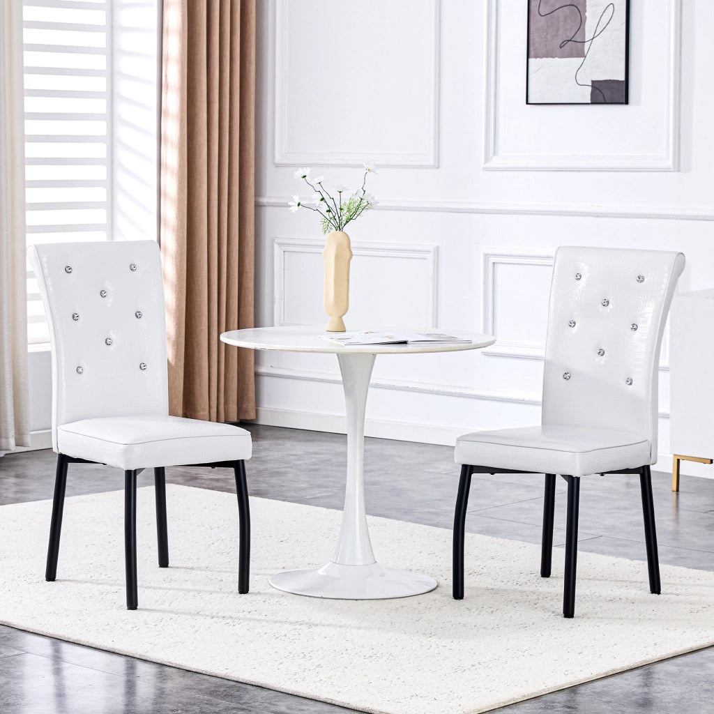 Sedia da pranzo Set da 2 con Bottoni Cristallo e Piedini Regolabili in Metallo e PVC Nero e Bianco