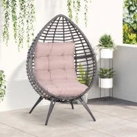 Poltrona da Esterno in Rattan a Goccia Stile Boho con Cuscino, 101x89x156cm Grigio e Beige