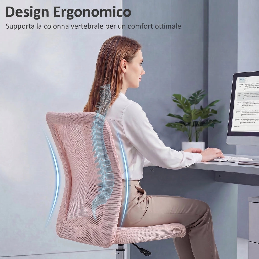 Sedia da Ufficio Ergonomica Girevole 43x58x90-100 cm Senza Braccioli in Tessuto Traspirante a Rete Rosa