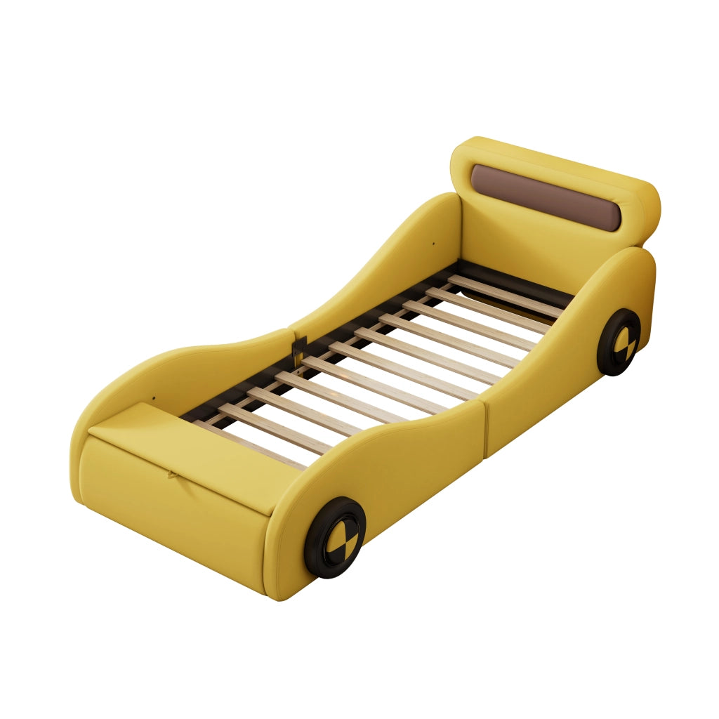 Letto imbottito a forma di auto giallo con ruote luminose in PU 90x200 cm