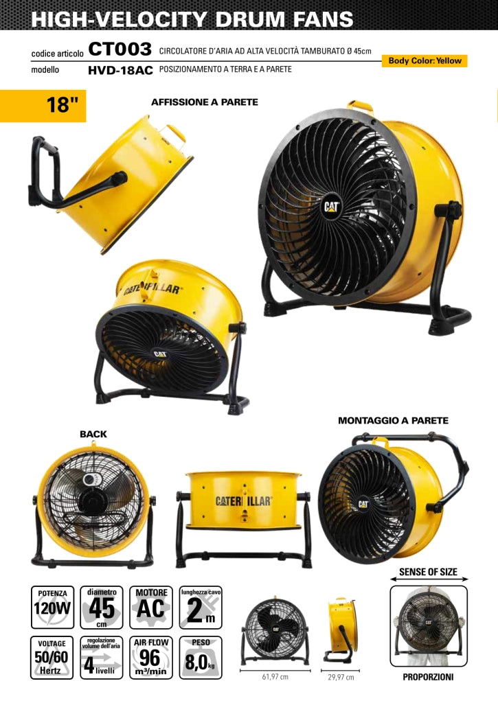 Ventilatore Industriale Caterpillar HVD18-AC Ø45 cm 1200W CT003 con 4 Velocità, Montaggio a Parete, Struttura Robusta