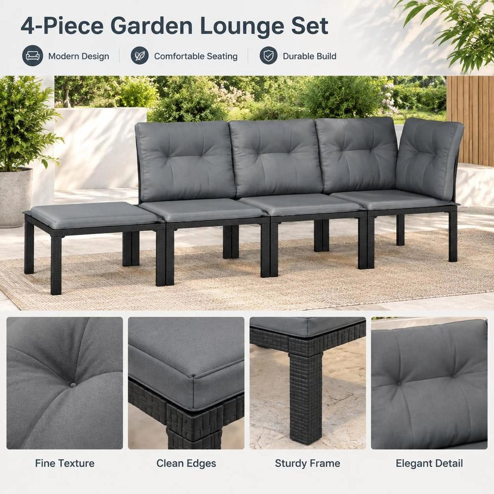 4-piece Garden Lounge Set, Black And Grey Poly Rattan