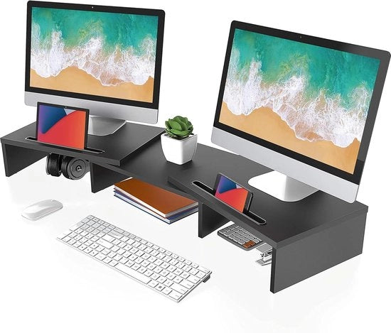 Monitor standaard in legno con regolazione di altezza e giri, supporto per smartphone - 79-111.3x28x10.6cm - Massimo carico 25kg - Nero DT111101WB