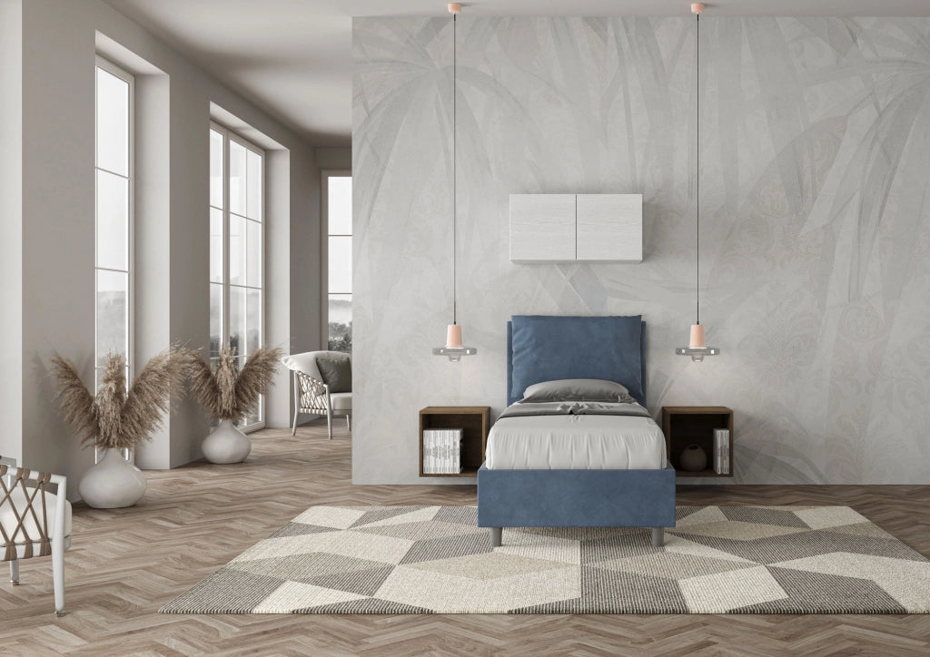 BS COM Letto singolo contenitore imbottito 80x200 microfibra blu