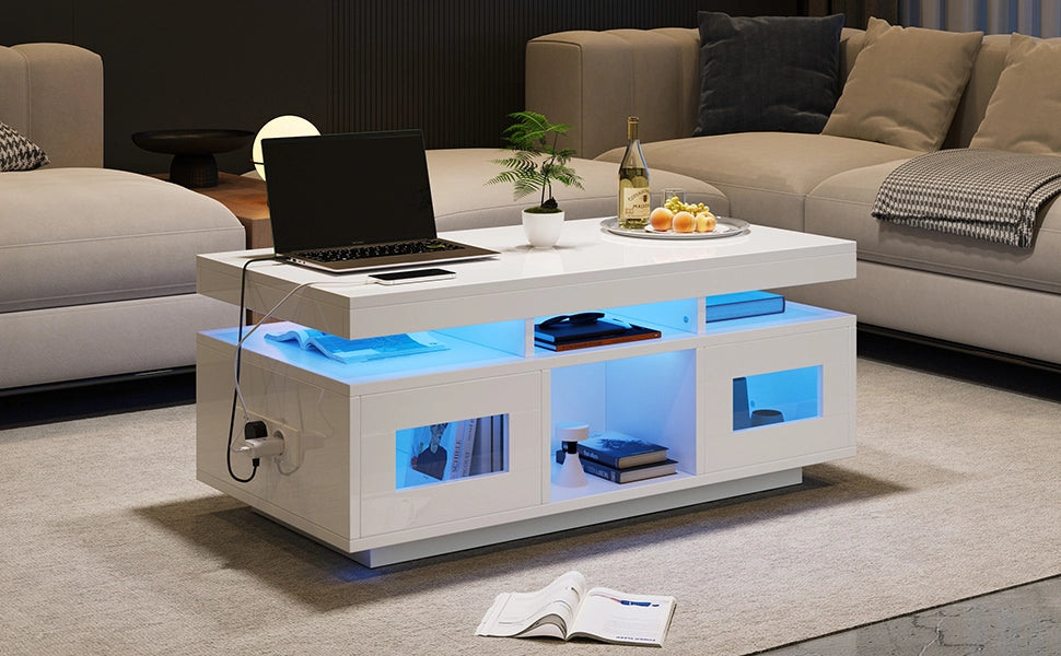 TAVOLO da caffè 100x50x43 cm Bianco lucido con LED, presa USB e ripiani